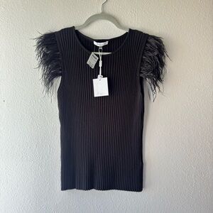 Elegant Black Feather Sleeve Ribbed Tank Top